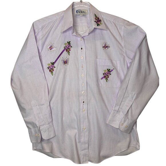 Vintage Las Olas Embroidered Butterfly & Floral Striped Button-Up Shirt Small Pu - Picture 1 of 12